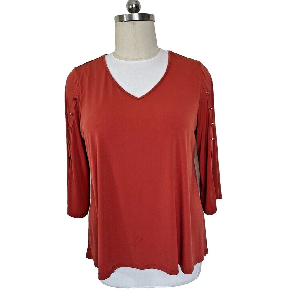 VIP - Women's 1X Blouse Copper Orange Bell Sleeve V-Neck Clover Button Accent